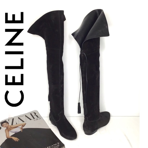 Celine Shoes - CELINE | Chat Botté Over-The-Knee Flat Boots Black Suede